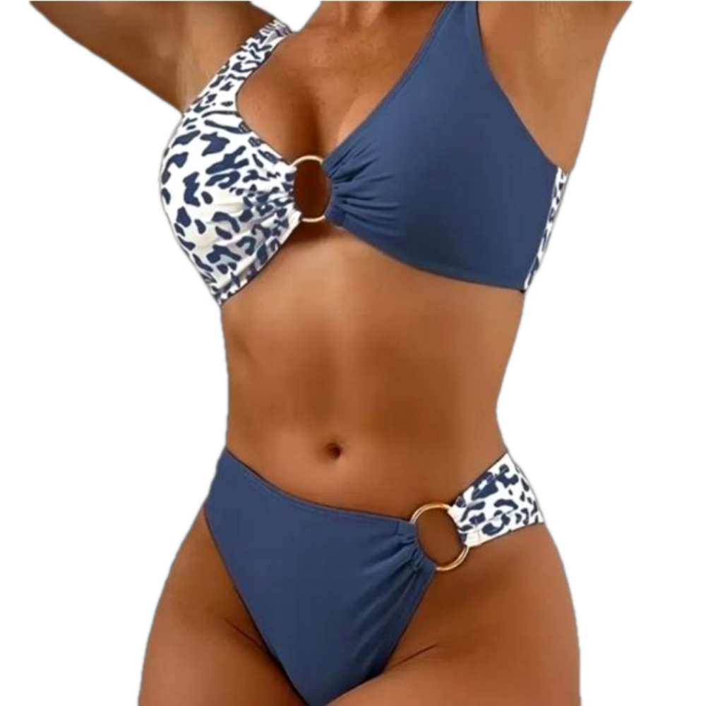 Leopard Print Ring Link V Neck 2 Piece Set Bikini, Patchwork High